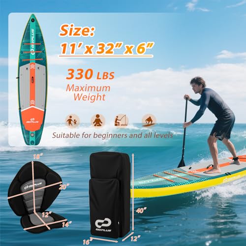 Goplus Inflatable Stand Up Paddle Board for Adults, 11FT SUP w/Premium Kayak Seat, Adjustable Paddle, Leash, Hand Pump, Re...
