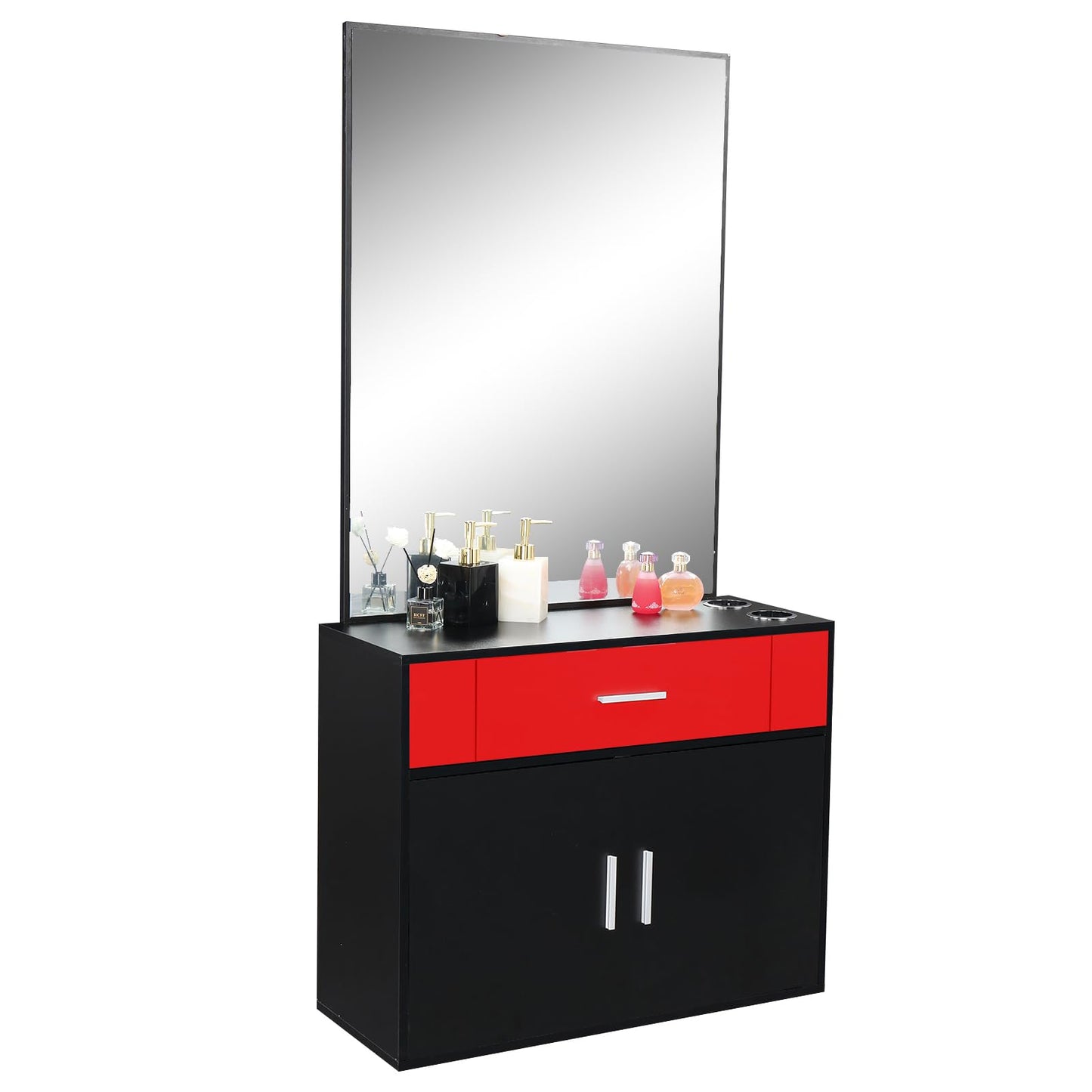 Black Salon Stations for Hair Stylist, Barber Station Organizer, Wall Mount Hair Styling Equipment, Wall Mount Barber Station Hair Styling with Mirror Dressing Table Beauty Salon Spa Equipment Set