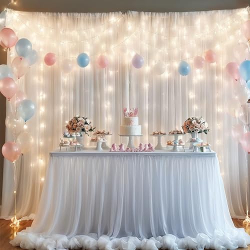 Realparkly White Tulle Backdrop Curtain with Lights, Elegant Sheer Photo Backdrop Drapes, Soft Fabric & LED Curtain for We...