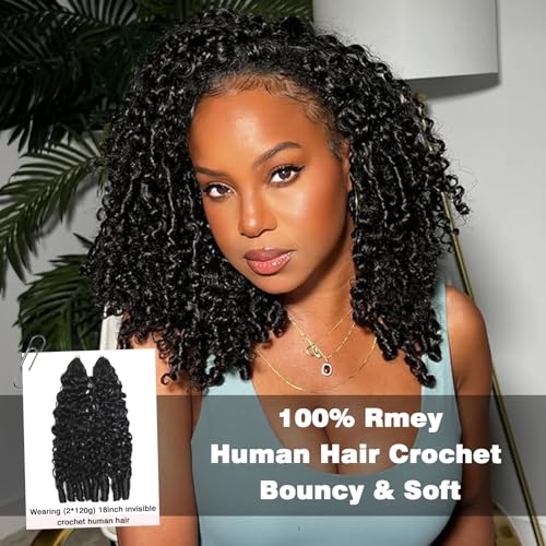 Beauty Queen 3C4A Burmese Curly Human Crochet Hair 18inch 60g Knotless Pre-Separated Feather Crochet Real Human Hair Lightweight Reusable Remy Hair Extensions for Women Natural Black Color