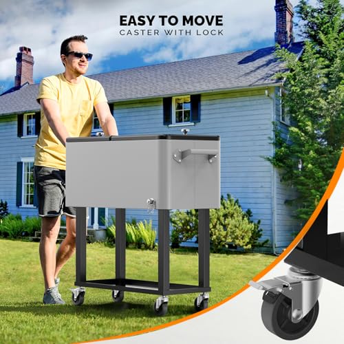 VINGLI 80 Quart Rolling Ice Chest on Wheels, Portable Patio Party Bar Drink Cooler Cart, with Shelf, Beverage Pool with Bo...
