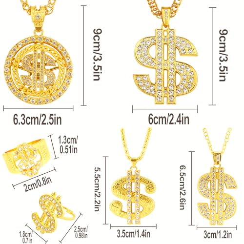 Riuziyi 6 Pack Fake Gold Dollar Sign Chain Necklace Ring for 80s 90s Hip Hop Costumes Outfit, Rapper Jewelry for Men Women