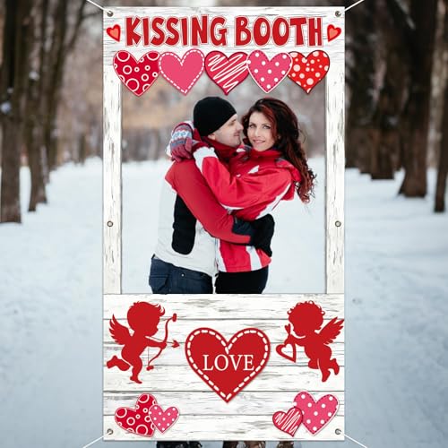 Valentine's Day Party Decorations Kissing Booth Theme Photo Booth Props Cupid Love Heart Banner Valentine Picture Frame fo...