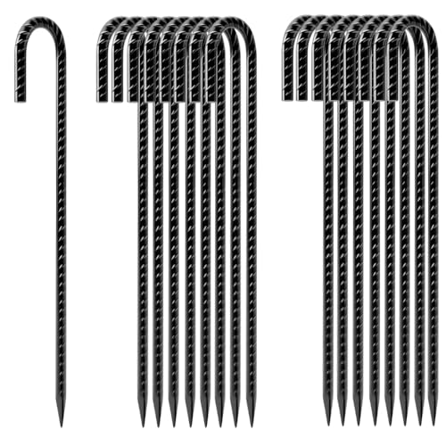 RANLUMO Rebar Stakes 12 Inch, 16-Pack Premium Black Coated J Hook,Superior Rust Resistance Heavy Duty Ground Stakes for Ch...