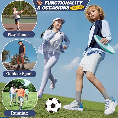 MOGGEI Boys Kids Girls Athletic Socks Basketball Sport Youth Crew Cotton Breathable Outdoor Socks 6 Pairs