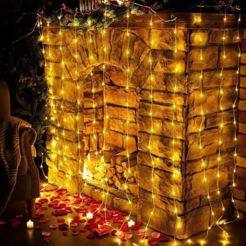 Curtain String Lights 6.5 x 5 ft,195 LED Battery Operated USB Powered light with 8 Modes Dimmable Timer,Copper Tapestry Tw...