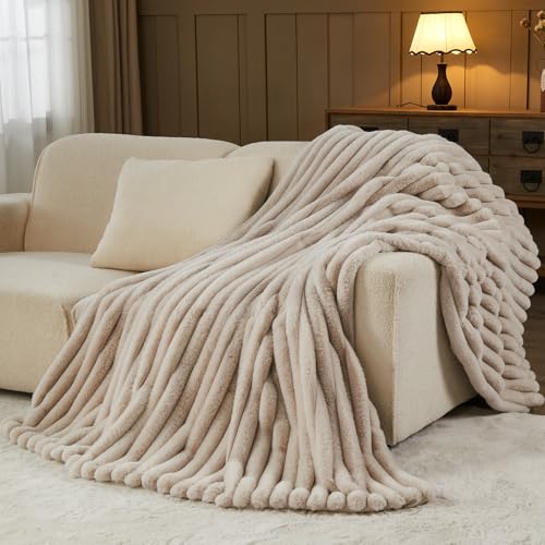 NEWCOSPLAY Faux Fur Throw Blanket Linen 3D Ribbed Plush Thick Warm Blanket for Couch Sofa Bed 850GSM (Linen Ribbed, Throw(...