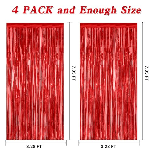 4 Pack Red Backdrop, 3.28 FT x 7.05 FT Party Streamer, Valentines Day Metallic Birthday Tinsel Backdrop Foil Fringe Curtai...