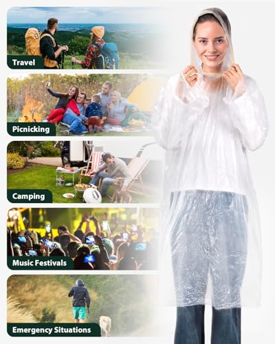 Disposable Rain Poncho for Adults Clear, Lightweight Raincoat, Compact Waterproof Rainwear for Outdoors