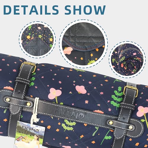 80x80” Double Thickened Picnic Blankets(150g High Density Cotton Stuffed) Navy Blue Floral Pattern Outdoor Picnic Mat Port...