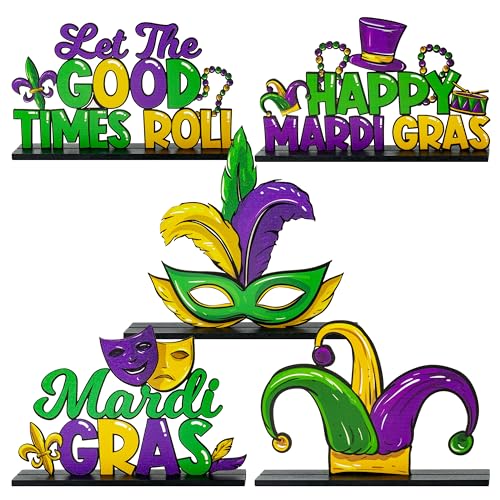 Haooryx Mardi Gras Wooden Centerpieces Decorations - 5Pcs Mardi Gras Carnival Themed Wood Detachable Table Topper Let The ...