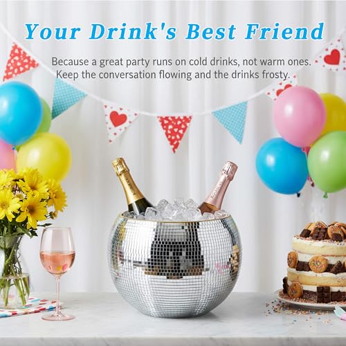 Bertork 9.8 Inch Disco Ball Ice Bucket, Mirror Silver Cooler for Wine, Beer & Champagne, Perfect Retro Party Accessory