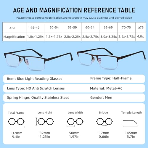 Anourney 3-Pack Reading Glasses for Men, Lightweight Metal Half Frame Blue Light Blocking Computer Readers, Stylish Filter...