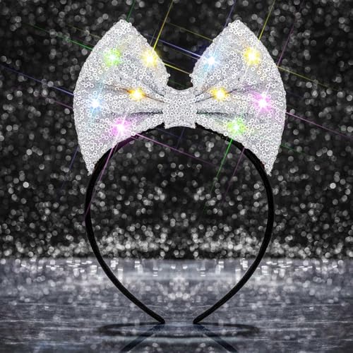 Formery Light Up Bowknot Headband Silver Sequin Bow Hairband Led Glitter Hair Accessories for Women