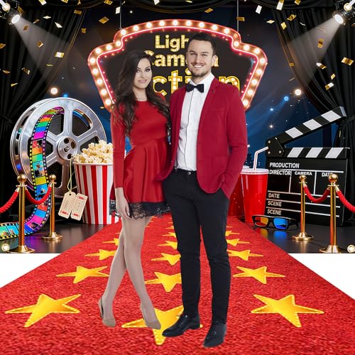 Lights Camera Action Backdrop with Red Carpet Runner 7x5ft, Movie Theme Party Decorations – Movie Night & Oscar Party Bann...