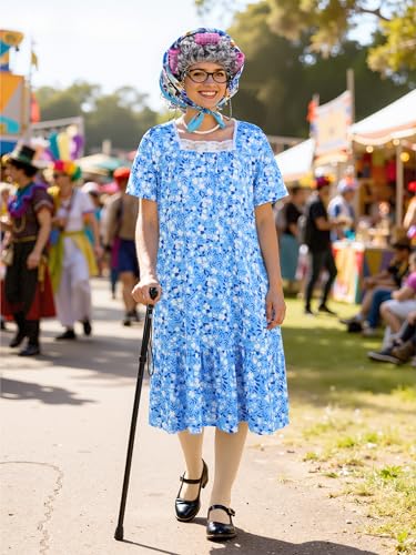 SOMSOC 7 Pieces Women Old Lady Costume with Dress Wig Headscarf Glasses Stockings Cane for Halloween, 100 Days of School
