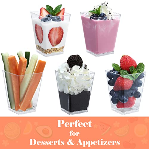 SHOPDAY 5 oz Plastic Dessert Cups 50 Pack Small Clear Square Parfait Cups with Spoons, Mini Plastic Tumbler Serving Cups f...