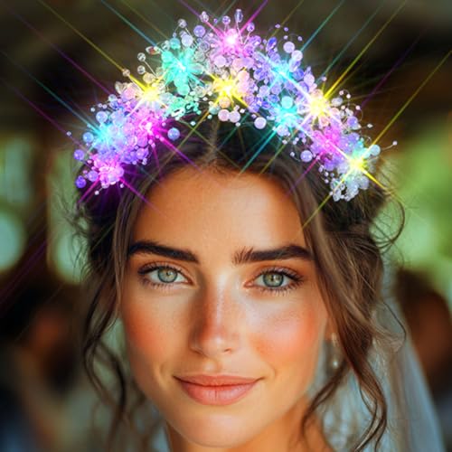 JEAIRTS Light Up Beaded Crown Headband Silver Glow Bridal Pearl Headpiece Flashing Costume Prom Hair Accessories for Women