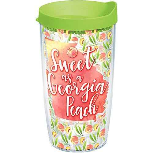 Tervis Sweet as a Georgia Peach Insulated Tumbler with Wrap and Lime Green Lid, 16oz, Clear