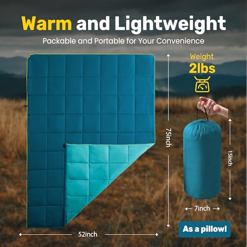 UNIKOME Waterproof Puffy Camping Blanket - Lightweight Packable Outdoor Quilt with Snaps & Corner Loops, Warm Compact Blan...