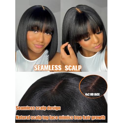 Julia Hair 10 Inch Light Yaki Straight Bob Wig with Bangs Human Hair Glueless 2x4 HD Lace Realistic Short Black Ready to Wear Blunt Cut Bob Wigs Natural for Black Women Beginner Friendly