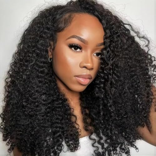 Curly Half Wig Human Hair 180% Density Deep Wave Glueless Wigs Upgrade 3 In 1 Wigs Beginner Friendly Seamless Flip Over Drawstring Curly Wig Ready to Go Headband Wig Natural Black Color 18 Inch