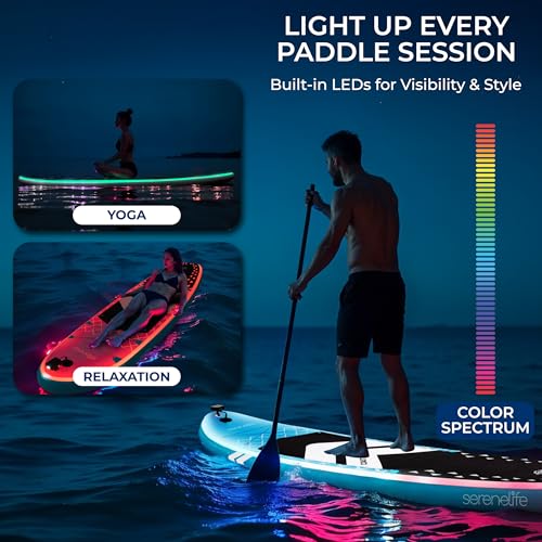 SereneLife Inflatable LED Lighted Stand Up Paddle Board 10’6” - Stable 32” Wide SUP with Non-Slip EVA Deck, Complete Paddl...