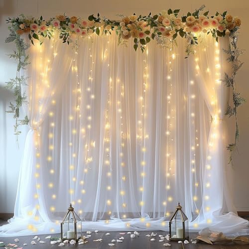 ESGOTBME 10x10ft White Tulle Backdrop Curtain with Lights String for Wedding Parties Sheer Curtain Backdrop for Birthday P...