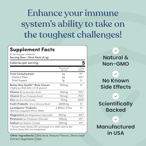 Immune Ready™ Electrolytes Powder Packets - Vitamin C Immune Support Drink Mix with Zinc, D3 & Beta Glucan - Low Sugar Hyd...