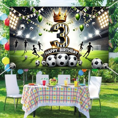 BlissYard Happy 3rd Birthday Soccer Party Banner Stadium Background Third Birthday Decorations Green Gold Crown Number Thr...