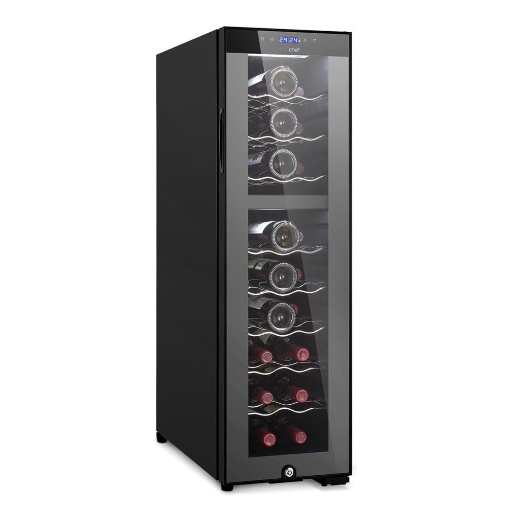 NutriChef 24 Bottle Wine Fridge | Dual Zone Chiller | Adjustable Temperature 41°F to 64°F | Ultra Quiet Operation | Wine Cooler for Home, & Office | FreeStanding 39x11x23 in (Black)