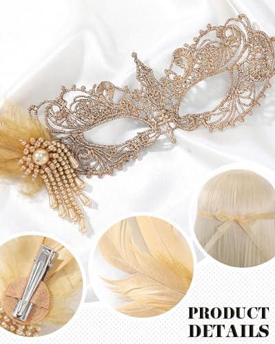 Zinniday Lace Masquerade Masks for Women - Elegant Venetian Mask 1920s 50s Antique Eyemask Feather Halloween Mask for Party