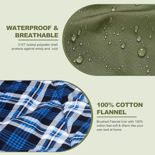 AGEMORE Cotton Flannel Sleeping Bag with Fleece Lined Hood, Waterproof XL Sleeping Bag for Adults, for Cold Weather Campin...