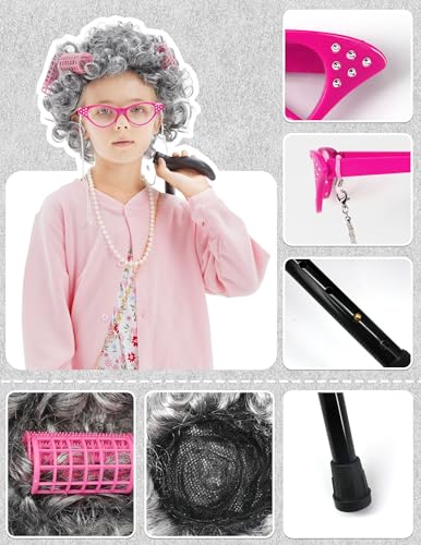 WooWee Kids Girl 100 Days of School Costume, Old Lady Costume for Kids, Halloween Cosplay Dress Up