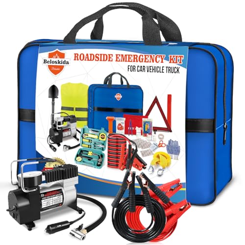Emergency Car Kit,Roadside Emergency Tool Kit for Vehicle Truck with Air Compressor Jumper Cable First Aid Kit,Winter Auto...