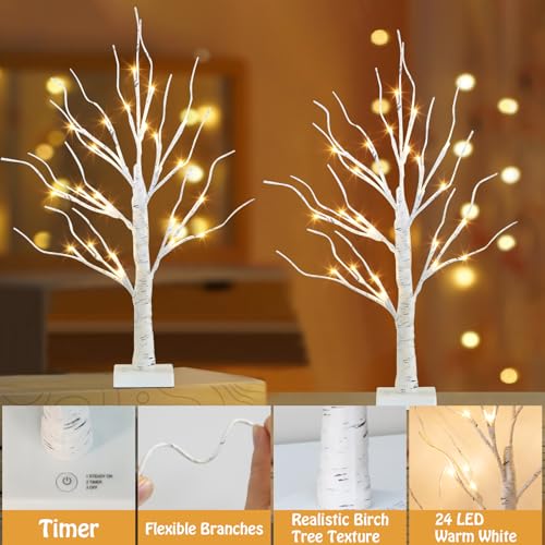 EAMBRITE Lighted Birch Tree Christmas Decorations Indoor for Home, 2Pack 24 LED Battery Operated/USB Tabletop Mini Small A...