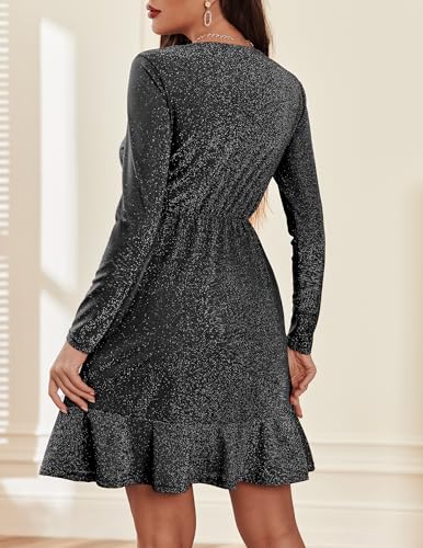 Zeagoo Womens Glitter Dress Wrap V Neck Long Sleeve Swing Club Cocktail Party Dresses Sequin Sparkle Dress Christmas Dress