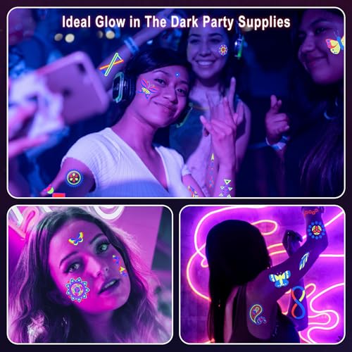 Ozepao 20 Sheets Glow in The Black Light Temporary Tattoos, Glow Party Supplies for Adults and Kids, 160+ Neon UV Glow Flu...