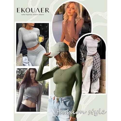 Ekouaer Long Sleeve Shirts for Women 3 Pack Scoop Neck Fitted Tops Thermal Undershirt Stretch Base Layer Soft Tee XS-XXL
