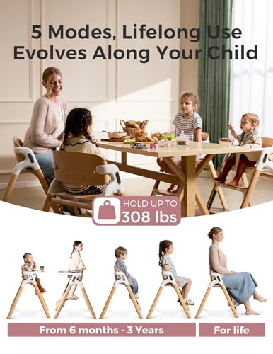 Momcozy DinerPal Wooden High Chair for Babies, Toddlers & Adults Up to 308 Lbs, Convertible Baby Highchair with Food-Grade...