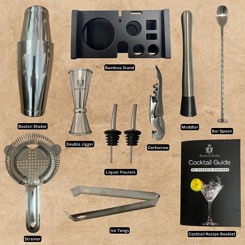 Hawke & Hanley Premium Boston Cocktail Shaker Set Bartender Kit - 12 Piece Mixology Bar Set with Weighted Boston Shaker, B...