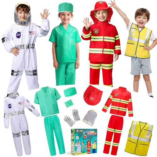 LOYO Kids Role Play Dress Up Clothes for 3-8 Years Old Play, 4 Sets Astronaut/Doctor/Fireman/Construction Costume for Kids...