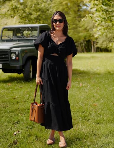 ZESICA Womens Summer Casual Flowy Vacation Maxi Dress 2026 Short Puff Sleeve A Line Smocked Cutout Beach Party Dresses