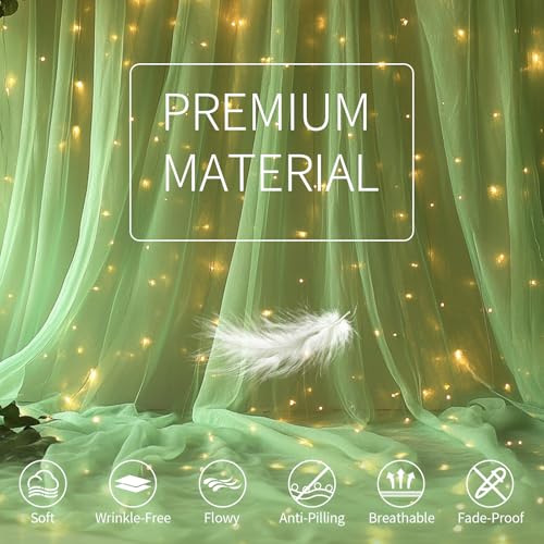 EaziCozi Sage Green Tulle Backdrop Curtain with Lights String - 10x10ft Sheer Backdrop with 300 LEDs for Wedding, Baby Sho...