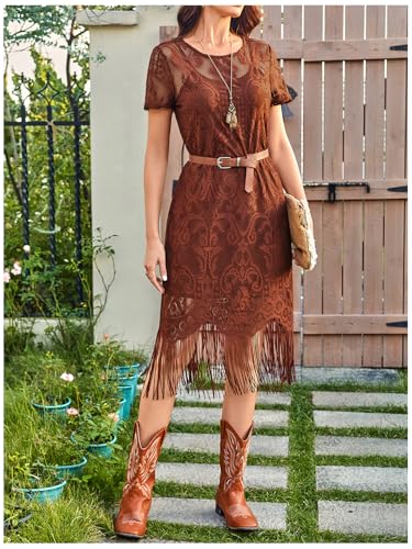 WDIRARA Women's Western Concert 2 Piece Outfits Short Sleeve Sheer Fringe Dress and Cami Dress Set
