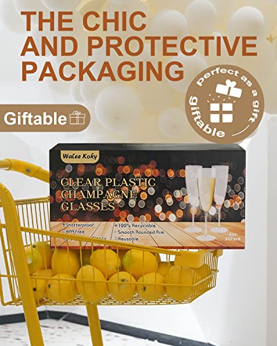 Walee Koky Plastic Champagne Flutes, 36 PCS Clear Disposable Wine Glasses Reusable Plastic Cocktail Cups for Home Daily Li...