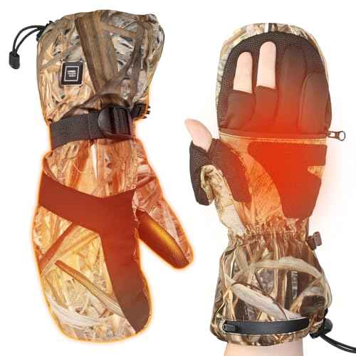 KEMIMOTO Heated Hunting Gloves Camo, Flip Fingerless Mittens for Men Women, Rechargeable with 2 Batteries, 3 Heat Settings