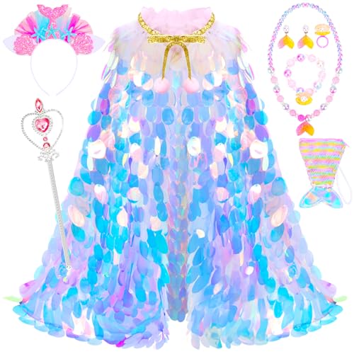 LIMIROLER Princess Dress Up Toys Princess Dress Up Clothes Rainbow Mermaid Cape Kit 9 Pcs Gift Set for Little Girls 3-8 Years