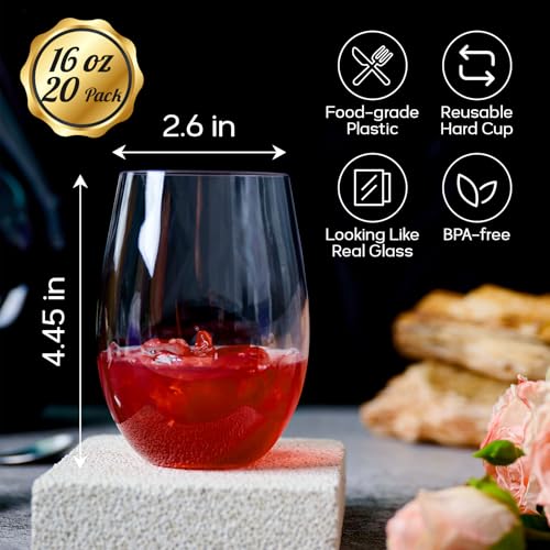 FOCUSLINE 20 Pack 16 Oz Plastic Wine Glasses, Stemless Plastic Wine Cups Heavy Duty, Unbreakable Disposable Wine Glasses f...