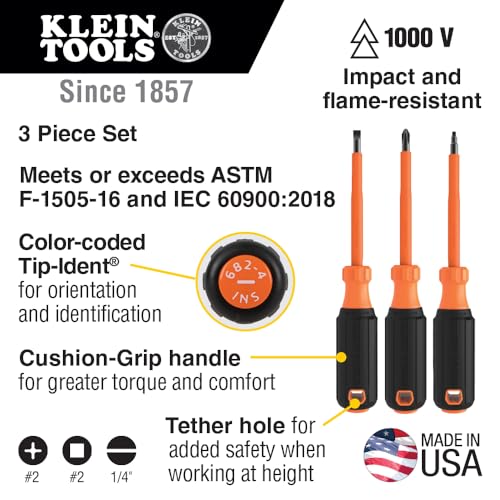 Klein Tools 85073INS Insulated Screwdriver Set, Made in USA, features 1000V Phillips, Slotted and Square Tips, Cushion Gri...